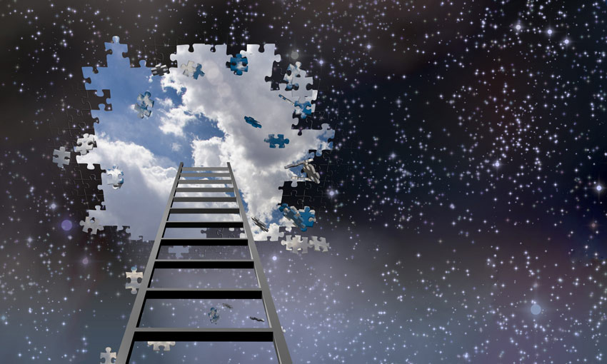 illustration of ladder leading up to sky - breaking through darkness to light - narrative therapy