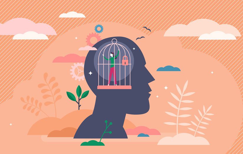 bright illustration - person in cage, inside of head silhouette - fear
