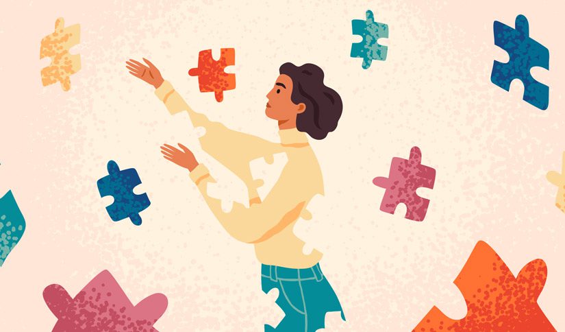 illustration of woman missing puzzle pieces that are outside of her - experiential therapy